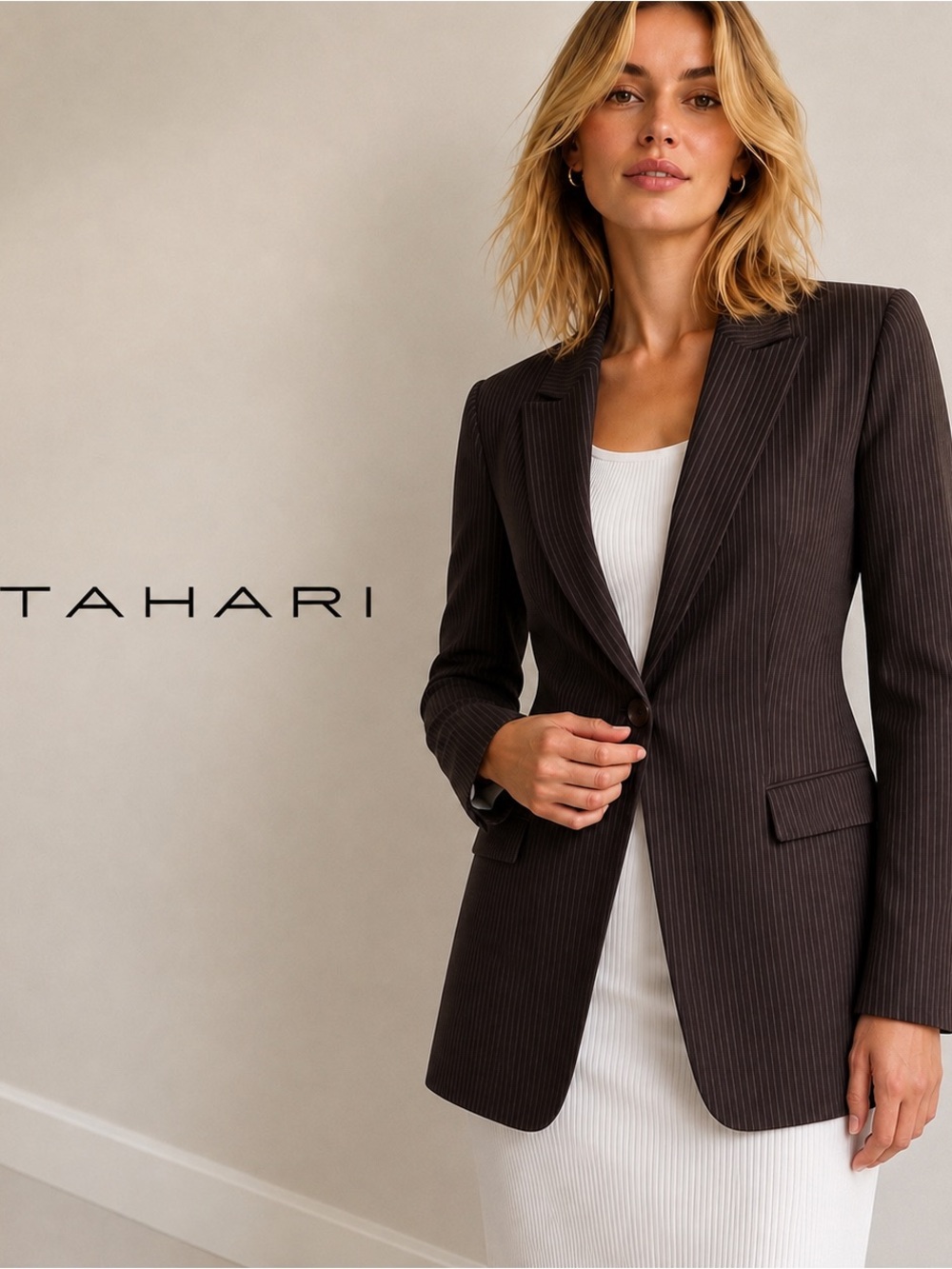 🌸Tahari Brown Pinstripe Notch-Lapel Blazer size 14 Preppy Career Business Casual